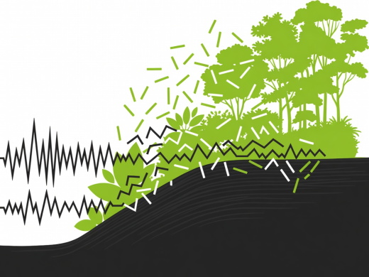 Flat vector diagram in charcoal, white and lime illustrating how an earth berm and multi-layered foliage diffuse high-frequency slap tones.
