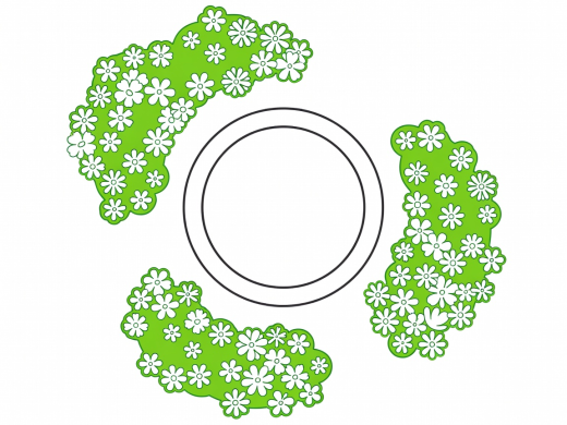 Flat vector garden diagram in charcoal, white and lime showing three concentrated flower drift zones around a central seating ring.