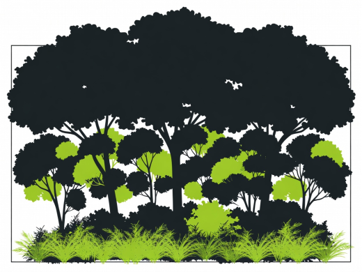 Flat vector cross-section diagram in charcoal, white and lime showing upper canopy, mid-story diffusers, and ground-level foliage tiers.